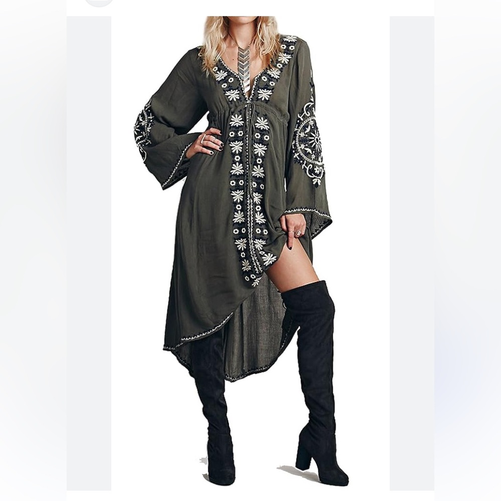 J Womens Embroidered Tunic Dress with Floral Accents Size S Small green High low